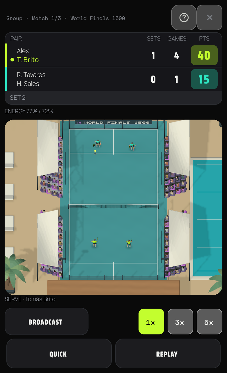 Simulación de un partido de pádel en 3D con marcador, estadio y controles
